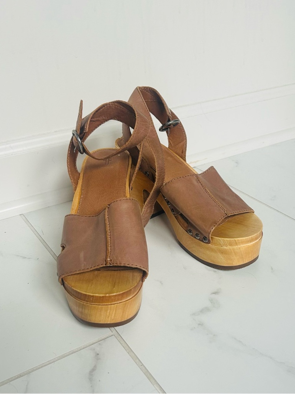 Frye Tan Leather Platform Sandals with Ankle Buckle